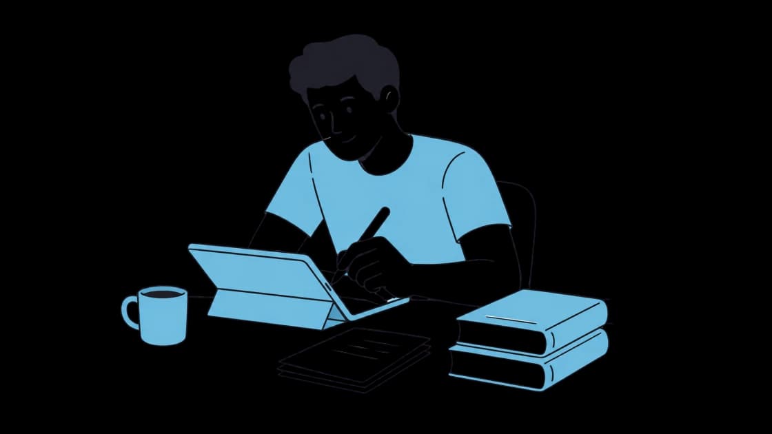 Aluno do Esquematiza Aí estudando com tablet, resumos e anotações